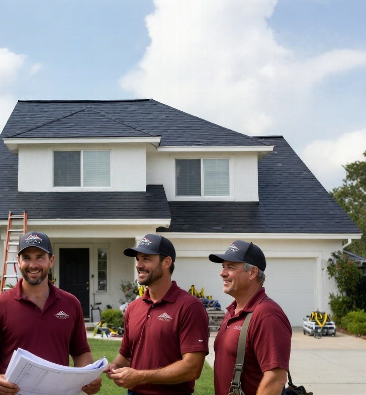 Christopher Harris and the Heritage Roofing Dallas crew reviewing roof plans in front of a two-story home in Oak Cliff, Dallas